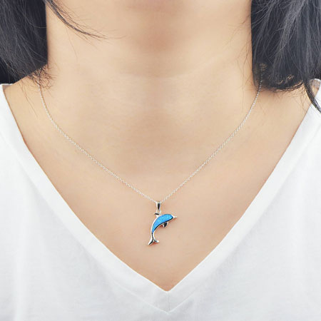Sterling Silver Dolphin Pendant Necklace with Blue Opal